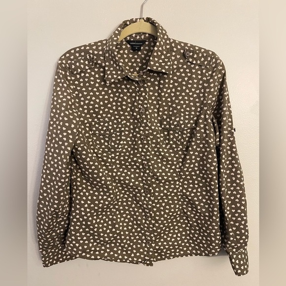 Moda Heart Print Button Up Brown Olive Green Button cuff sleeves - Picture 1 of 5